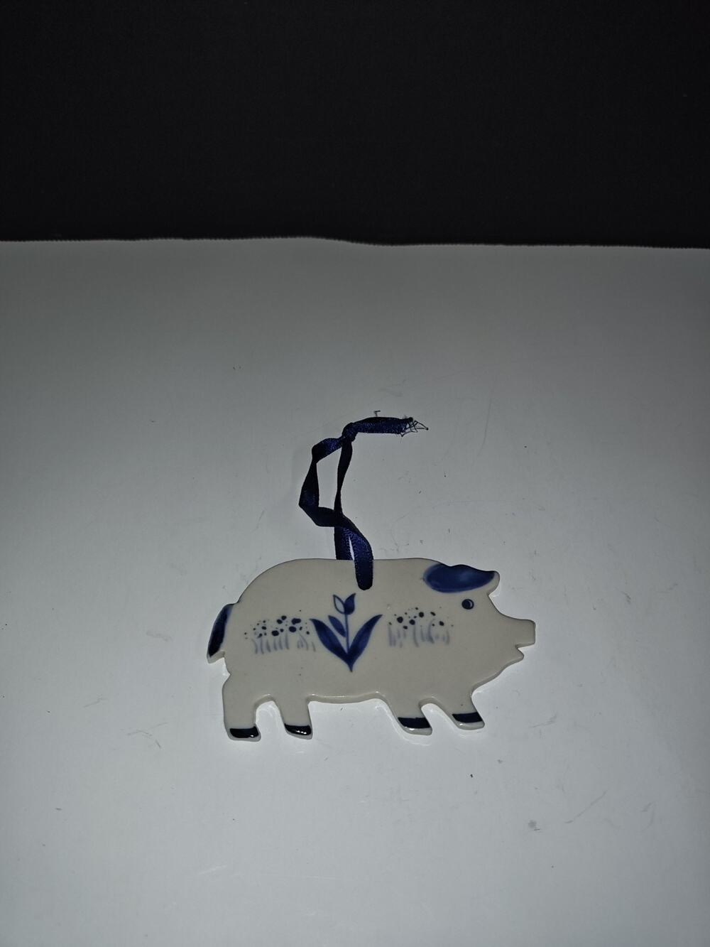 Vintage PIG Ornament Old Towne Ceramic Blue & White Accents Shelf Hanger Decor